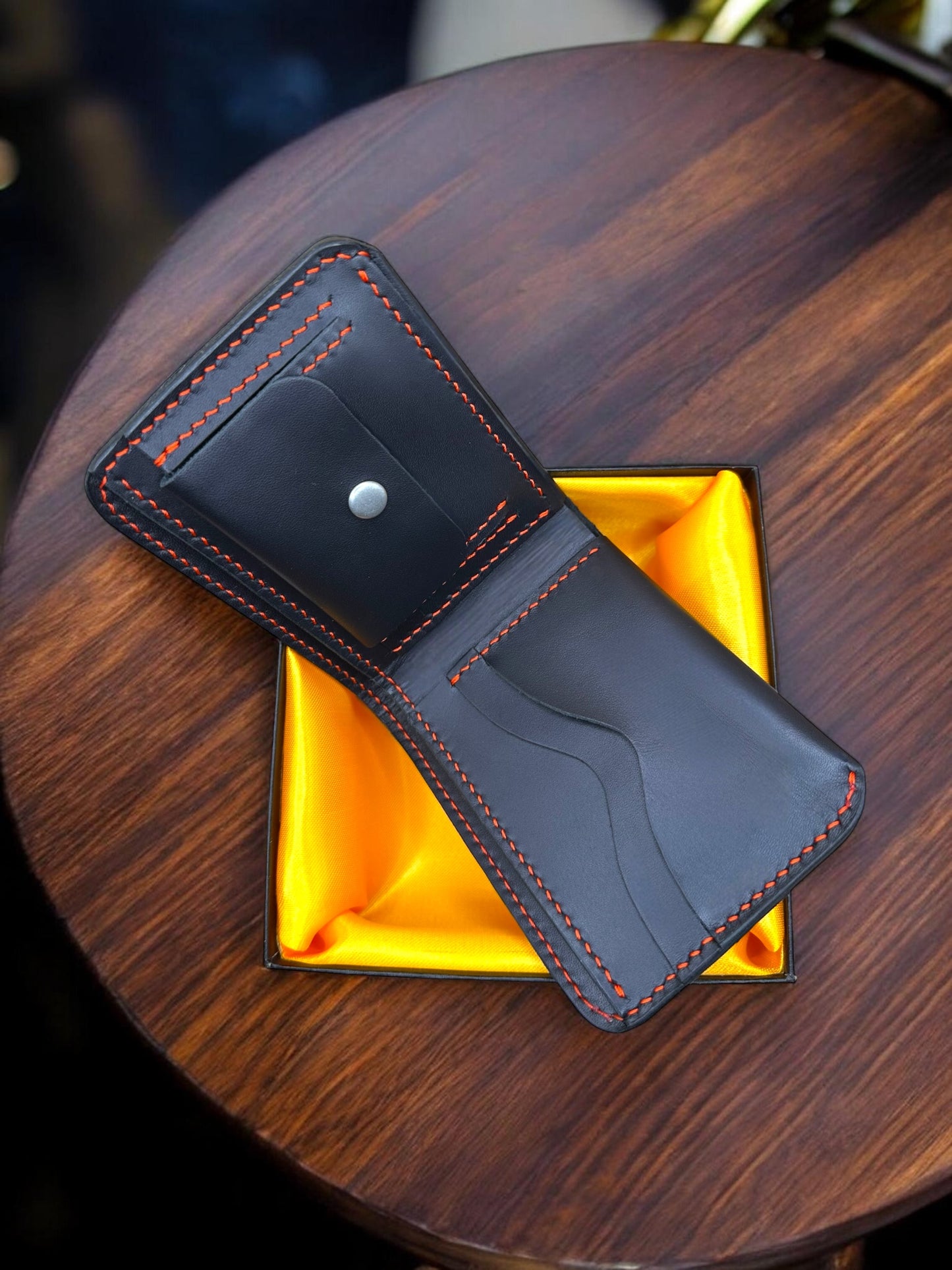 Handmade 100% Pure Leather Wallet with Coin Pocket – Black with Red Stitching