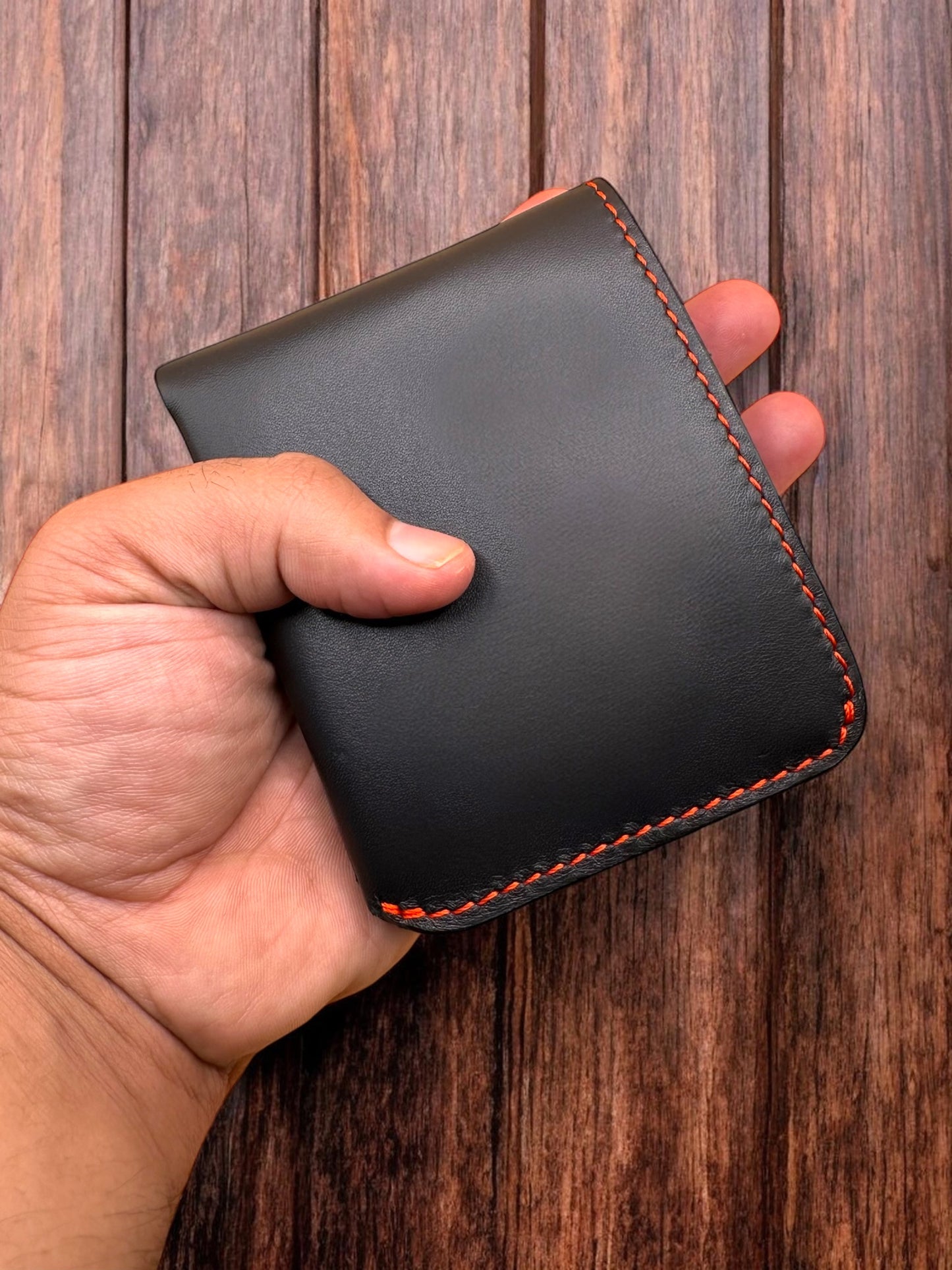 Handmade 100% Pure Leather Wallet with Coin Pocket – Black with Red Stitching