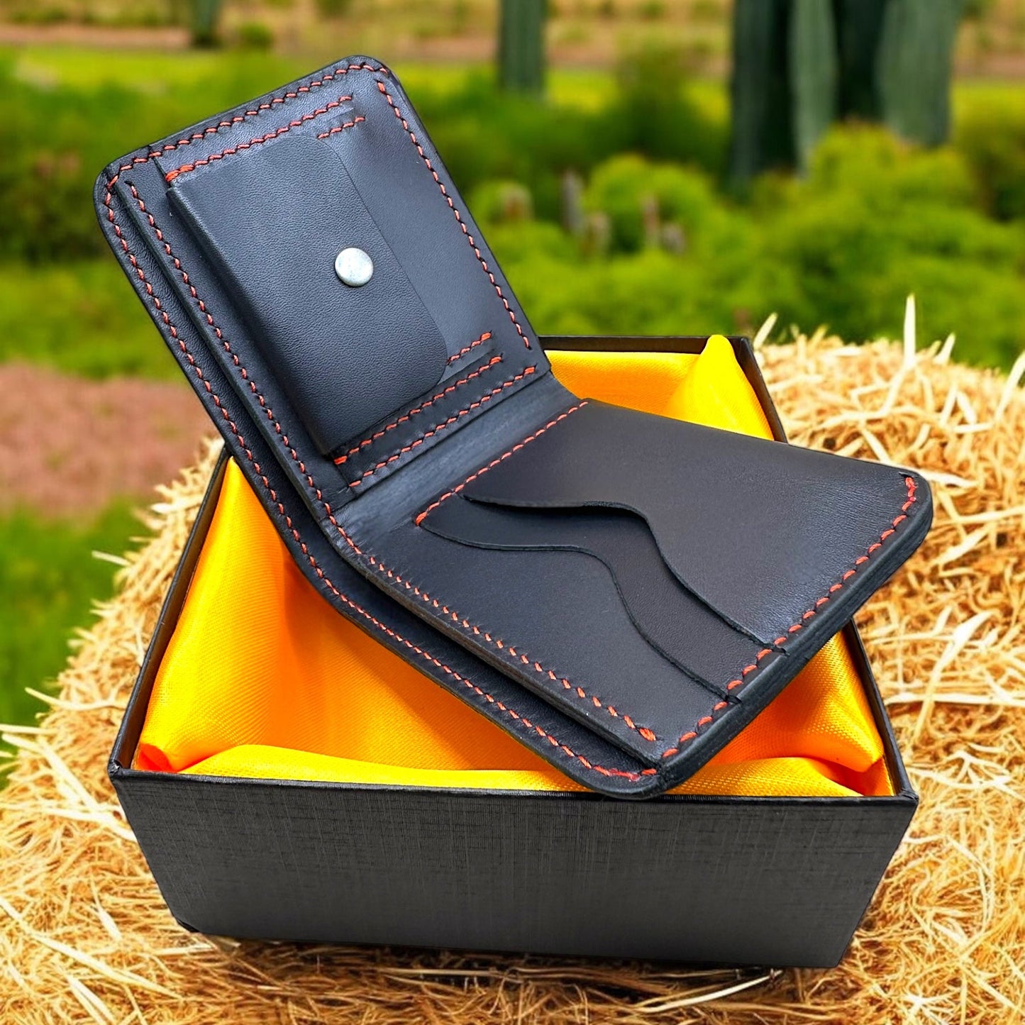 Handmade 100% Pure Leather Wallet with Coin Pocket – Black with Red Stitching
