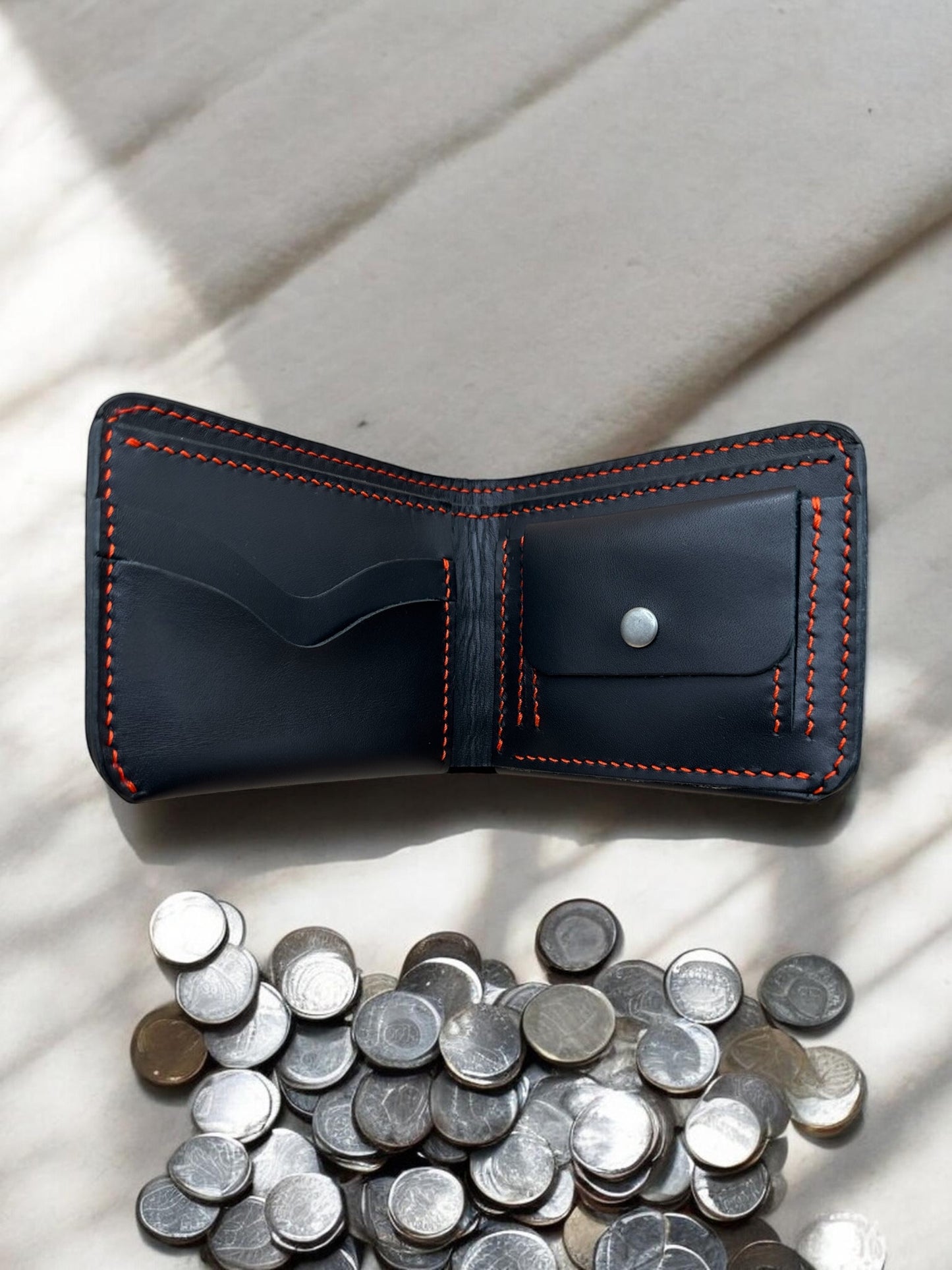 Handmade 100% Pure Leather Wallet with Coin Pocket – Black with Red Stitching
