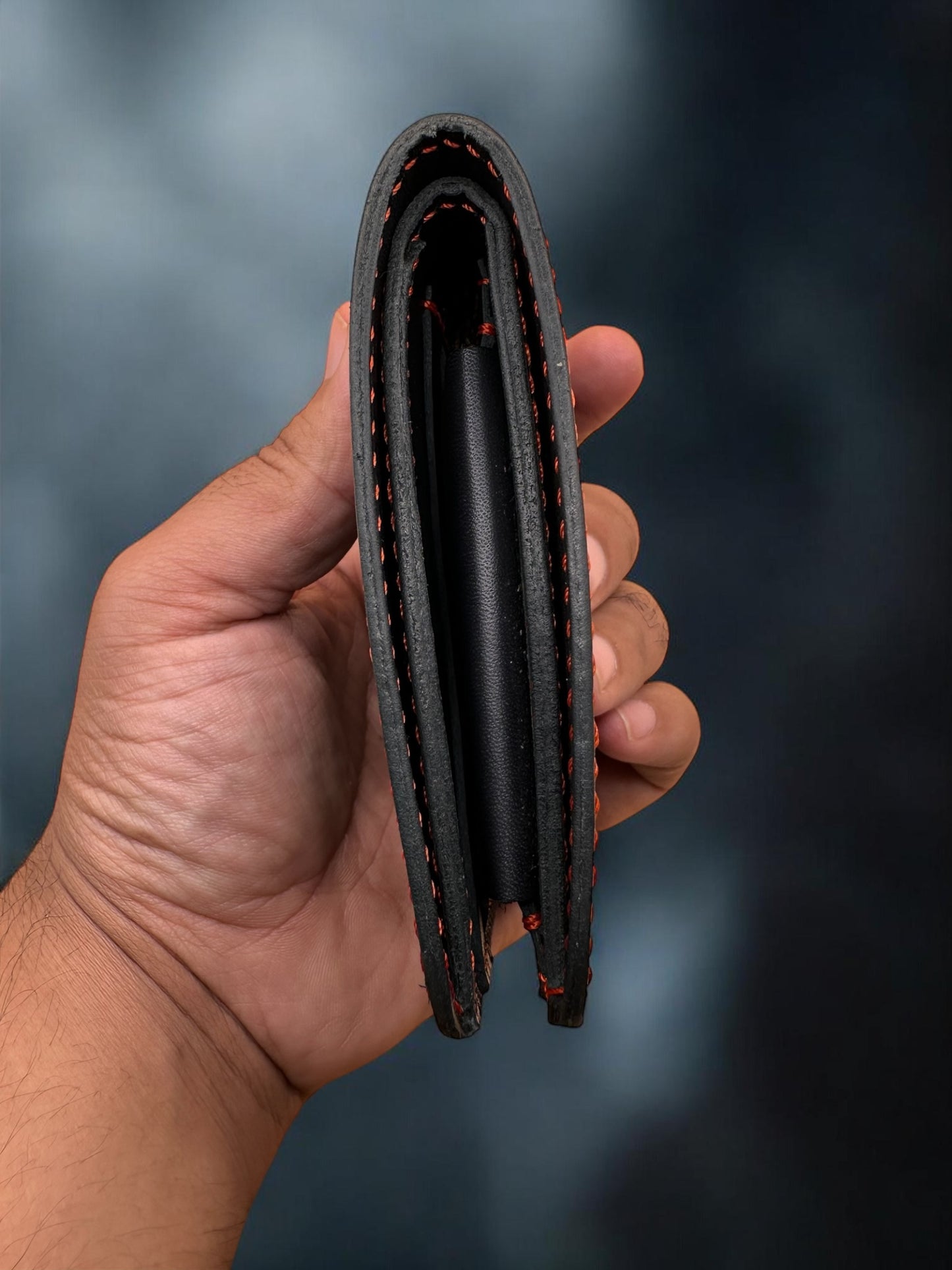Handmade 100% Pure Leather Wallet with Coin Pocket – Black with Red Stitching